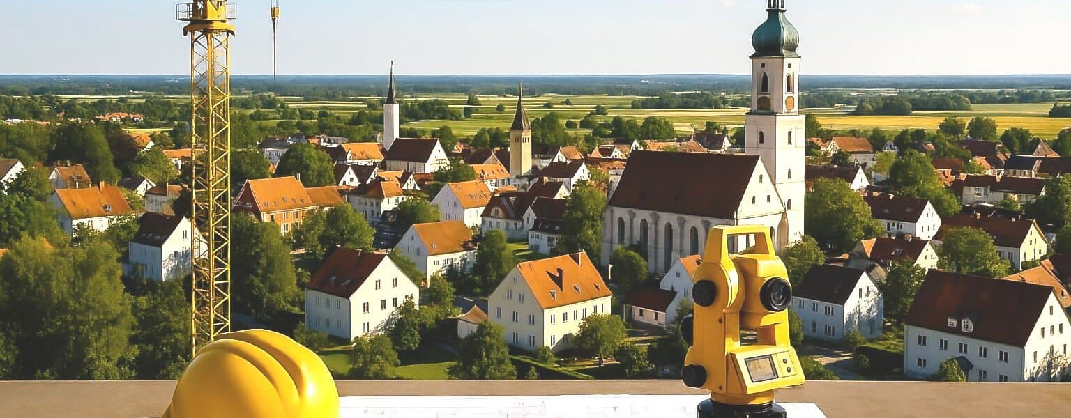 Blick über Schrobenhausen mit Baukran, Bauplan, Helm und Tachymeter – Symbole der Bauleitung und Stadtentwicklung in Bayern bei sonnigem Wetter.