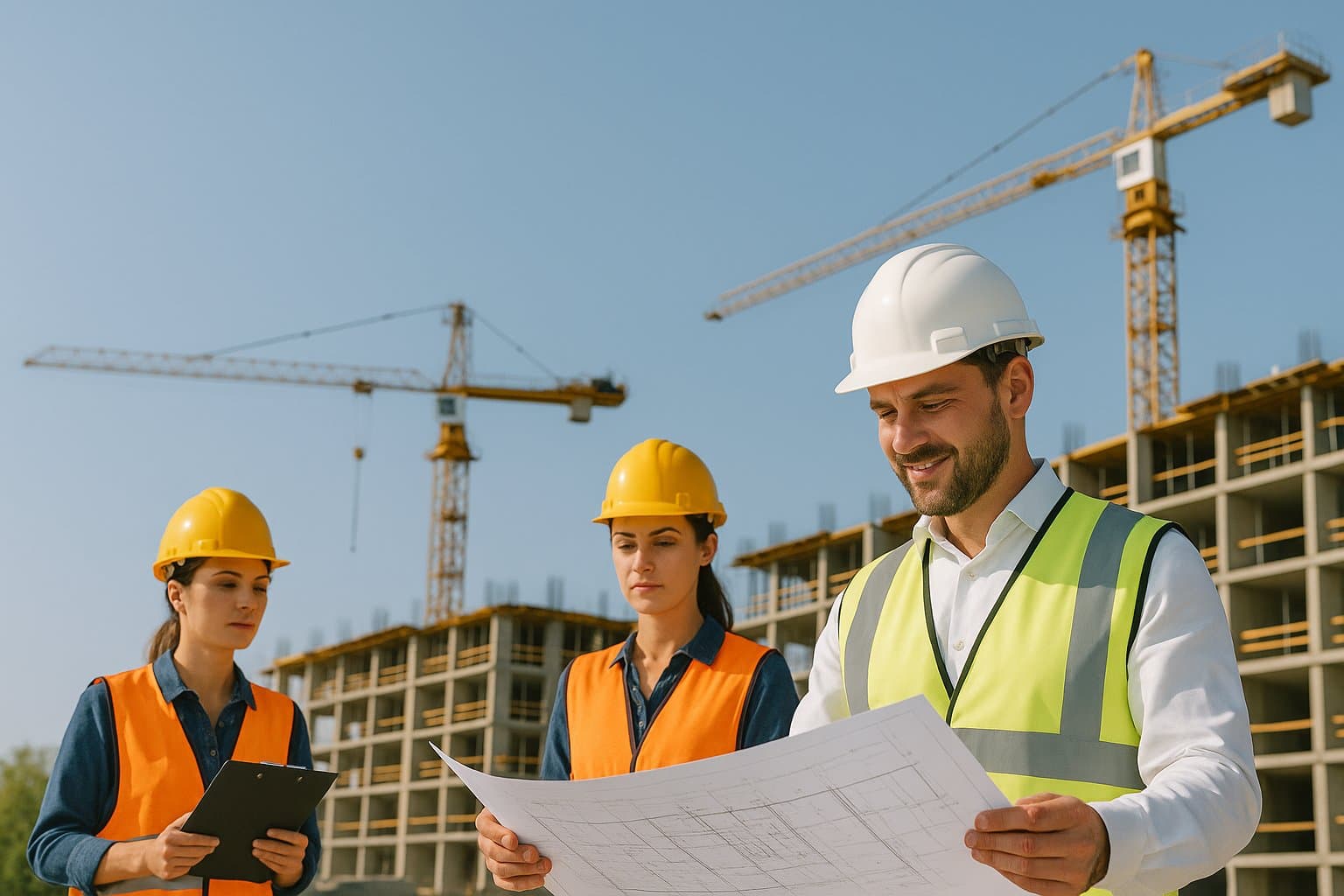 Bauleiter mit Plan und zwei Ingenieurinnen auf Baustelle mit Kran und Rohbau – Teamarbeit im Hochbau.