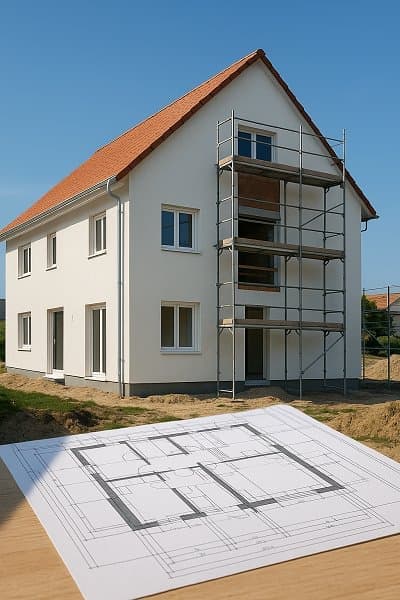 Neubau eines Einfamilienhauses mit Bauplan im Vordergrund und Baugerüst an der Fassade unter blauem Himmel.