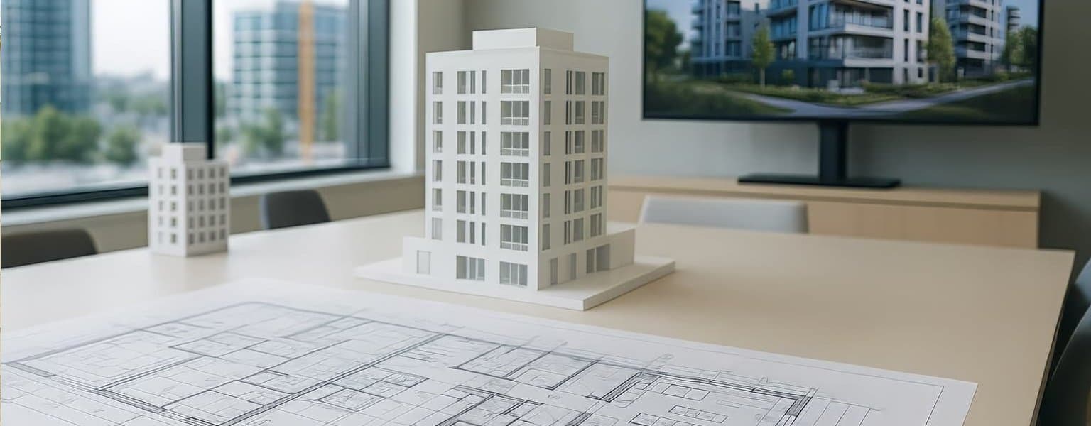 Modell für moderne Wohnbauplanung in Schrobenhausen mit Architekturzeichnungen und 3D-Visualisierung
